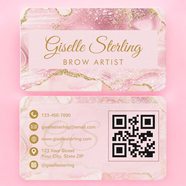 Carte De Visite Luxury Brow Artist Gold Agate QR Code (Créateur téléchargé)