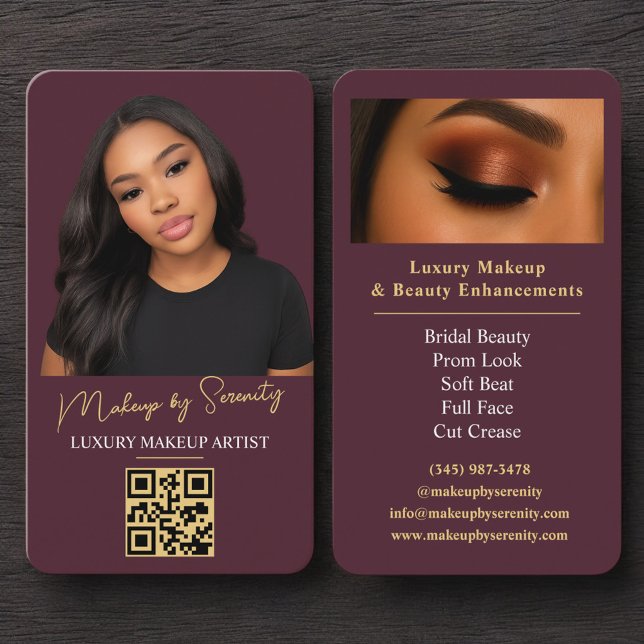 Carte De Visite Luxury Burgundy Gold Makeup Artist QR Code Beauty (Créateur téléchargé)