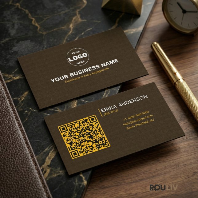 Carte De Visite Luxury Dark Brown Textured QR Code Minimal Gold  (Luxury Dark Brown Textured QR Code Minimal Gold Business Card)