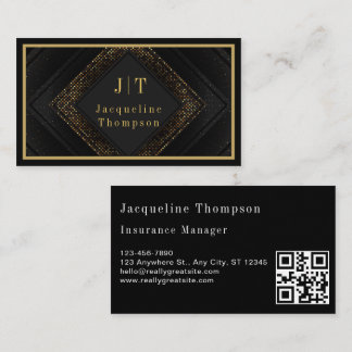 Carte De Visite Luxury elegant black leather gold monogram qr code
