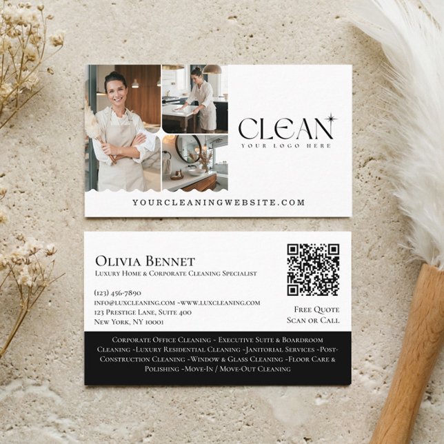 Carte De Visite Luxury Elegant Maid House Cleaning Photo QR Code (Luxury Elegant Maid House Cleaning Photo QR Code Business Card)