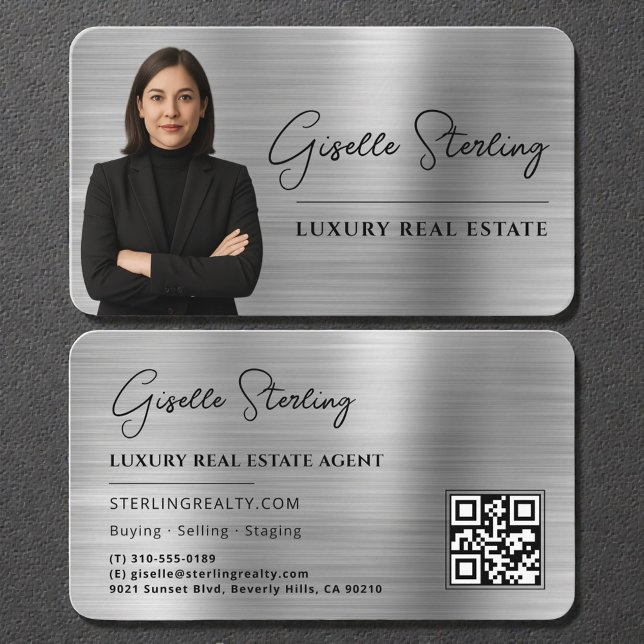 Carte De Visite Luxury Faux Silver Metallic Realtor Photo QR Code (Créateur téléchargé)