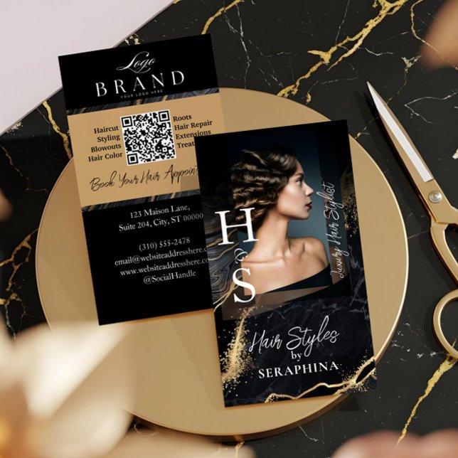Carte De Visite Luxury Glamor Hair Stylist Salon Black Gold Agate (Luxury Luxury Hair Stylist Salon Black Gold Agate Business Card)