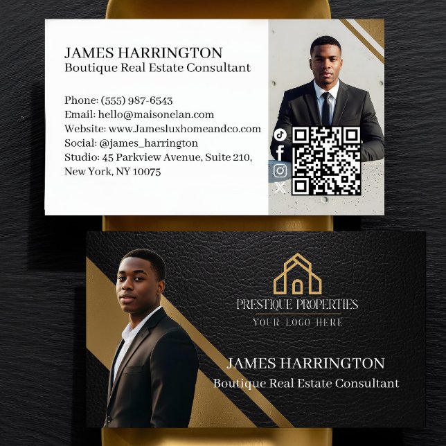 Carte De Visite Luxury Gold Black Leather Real Estate Agent Photo (Luxury Gold Black Leather Real Estate Agent Photo Business Card)