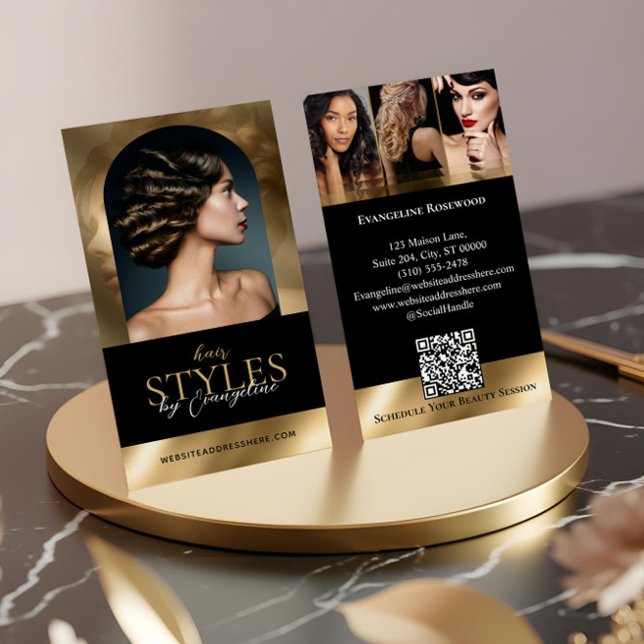 Carte De Visite Luxury Hair Stylist Salon Arch Photo Black Gold (Luxury Hair Stylist Salon Arch Photo Black Gold Business Card)