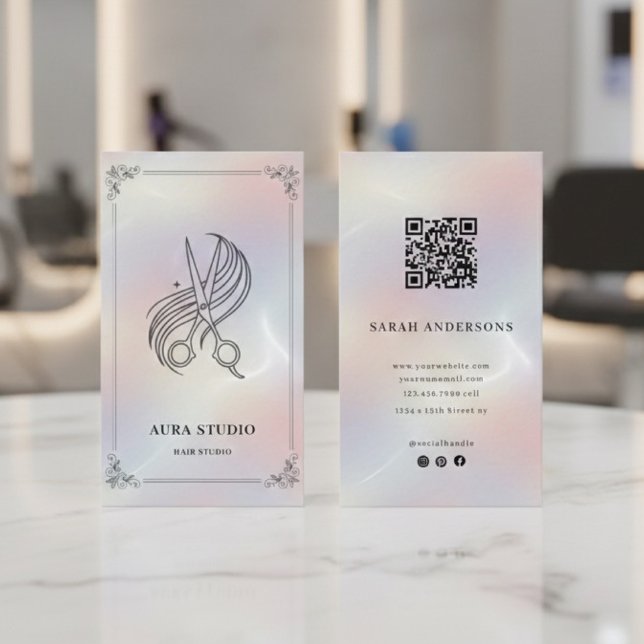 Carte De Visite Luxury Hair Stylist with QR Code Holographic (Créateur téléchargé)