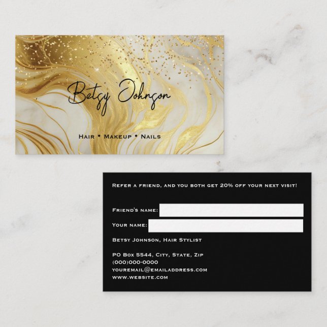 Carte De Visite Luxury Ivory Marble and Gold Glitter Referral Card (Devant / Derrière)