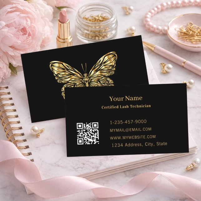Carte De Visite Luxury Lash Tech Black Gold Butterfly QR Code (Créateur téléchargé)