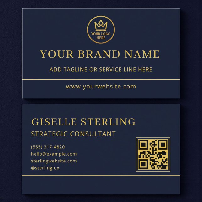 Carte De Visite Luxury Logo Blue Gold QR Code (Créateur téléchargé)