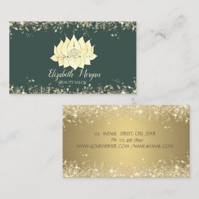 Carte De Visite Luxury Lotus Flower Gold Glitter Dust Sage Green (Devant / Derrière)