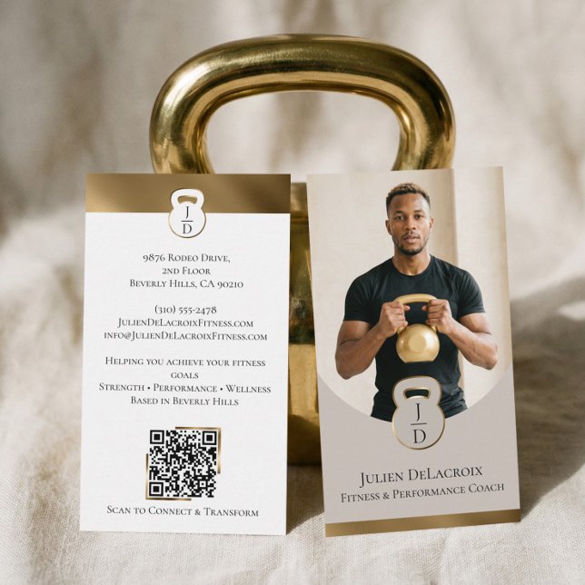 Carte De Visite Luxury Modern Gold Monogram Fitness Coach Photo (Luxury Modern Gold Arch Monogram Fitness Coach Pho Business Card)