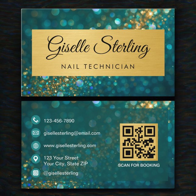 Carte De Visite Luxury Nail Technician Gold Teal Glitter QR Code (Créateur téléchargé)