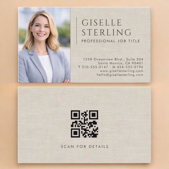 Carte De Visite Luxury Neutral Linen Photo QR Code (Créateur téléchargé)