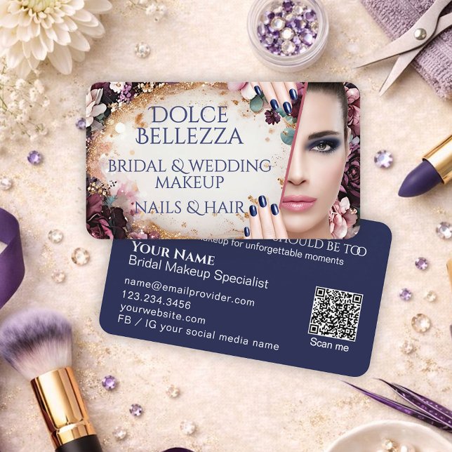 Carte De Visite Luxury Purple Blue Floral Bridal Makeup Artist (Créateur téléchargé)