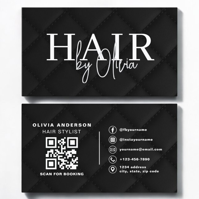 Carte De Visite Luxury QR Code Hair Stylist Black Quilted Fabric (Créateur téléchargé)