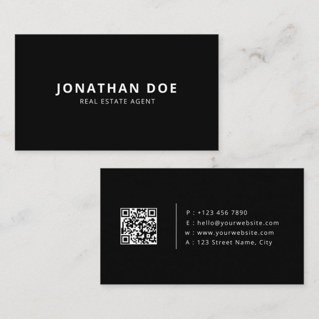 Carte De Visite Luxury Real Estate Agent Elegant Black QR Code  (Devant / Derrière)