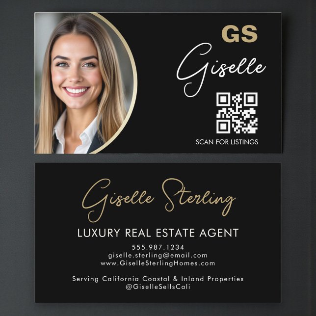 Carte De Visite Luxury Real Estate Agent QR Code Black Gold Photo  (Créateur téléchargé)