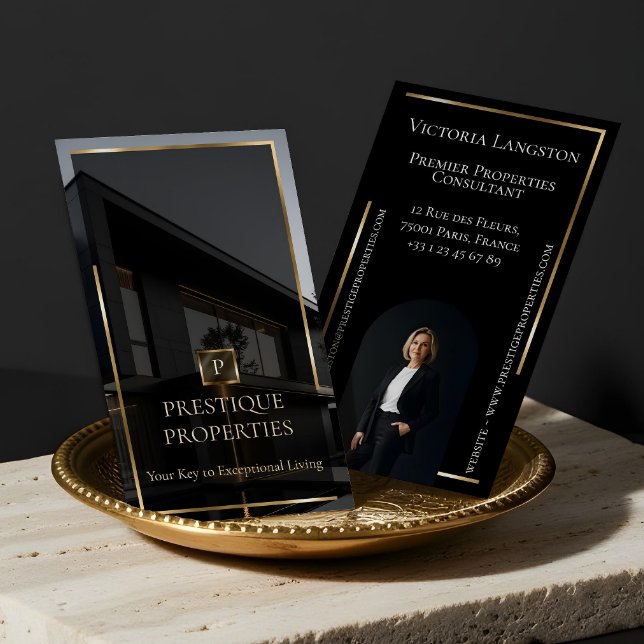 Carte De Visite Luxury Real Estate Black Gold Photo Monogram (Luxury Real Estate Black Gold Photo Monogram Business Card)