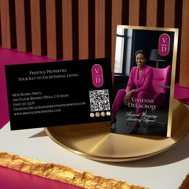 Carte De Visite Luxury Real Estate Black Gold Pink Photo Monogram (Luxury Real Estate Black Gold Pink Photo Monogram Business Card)
