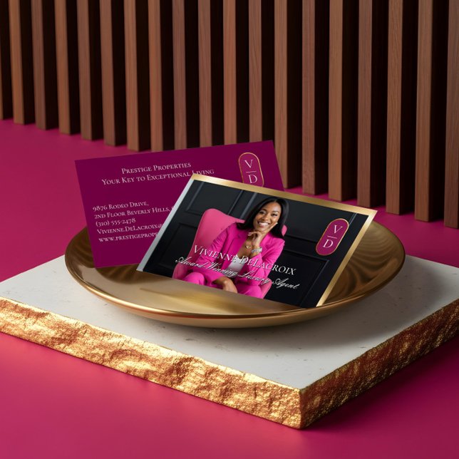 Carte De Visite Luxury Real Estate Black Gold Pink Photo Monogram (Luxury Real Estate Black Gold Pink Photo Monogram Business Card)