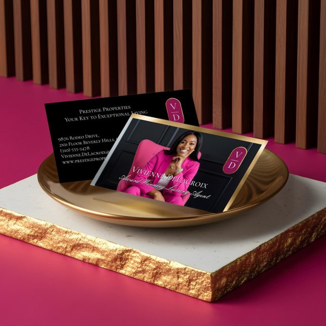 Carte De Visite Luxury Real Estate Black Gold Pink Photo Monogram (Luxury Real Estate Black Gold Pink Photo Monogram Business Card)