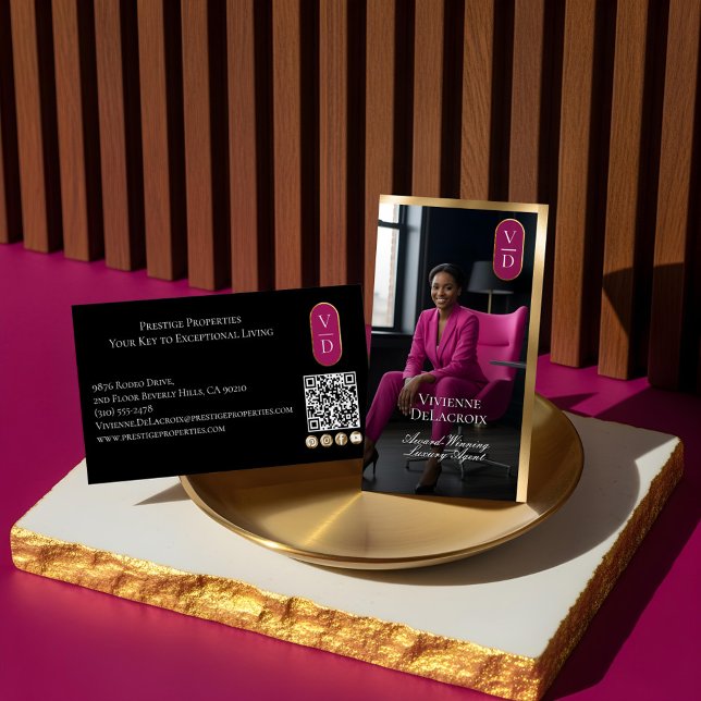 Carte De Visite Luxury Real Estate Black Gold Pink Photo Monogram (Luxury Real Estate Black Gold Pink Photo Monogram Business Card)