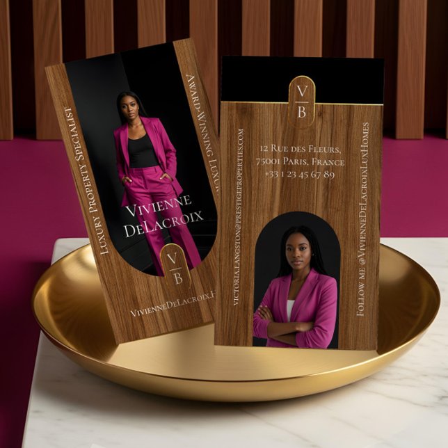 Carte De Visite Luxury Real Estate Elegant Woodgrain & Gold Photo (Luxury Real Estate Elegant Woodgrain & Gold Photo Business Card)