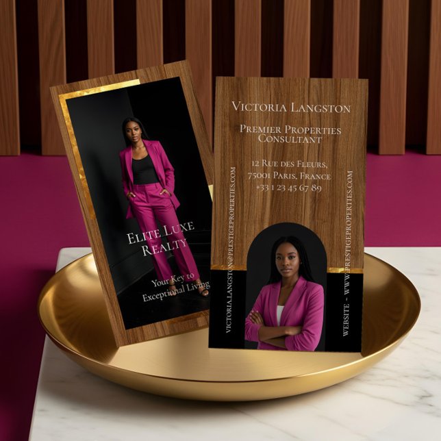 Carte De Visite Luxury Real Estate Woodgrain & Gold Arch Photo (Luxury Real Estate Woodgrain & Gold Arch Photo Business Card)