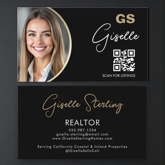 Carte De Visite Luxury Realtor QR Code Black Gold Photo  (Créateur téléchargé)