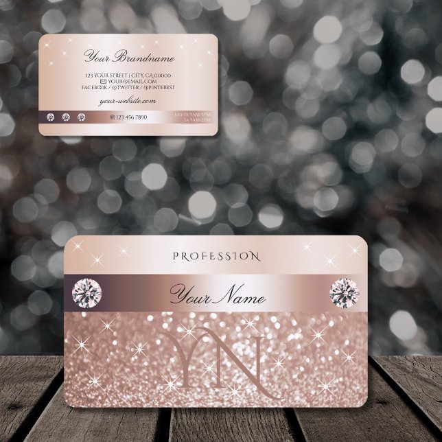 Carte De Visite Luxury Rose Gold Glitter Sparkling Stars Monogram (Créateur téléchargé)