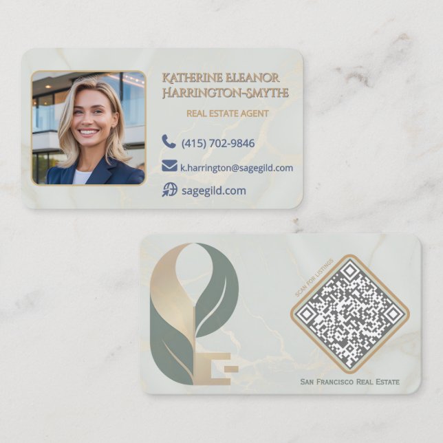 Carte De Visite Luxury Sage & Gold Marble Realtor Photo QR Design (Devant / Derrière)