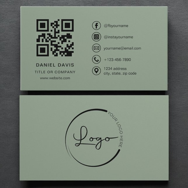 Carte De Visite Luxury Sage Green Company Logo QR Code  (Créateur téléchargé)