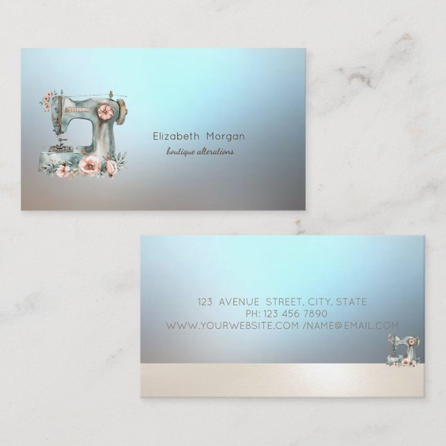 Carte De Visite Machine à coudre florale professionnelle bleue (Devant / Derrière)