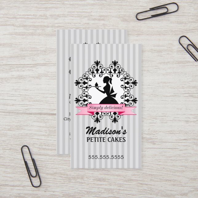 Carte De Visite Madame Silhouette Cupcake Silver et rose (Devant/Arrière en situation)