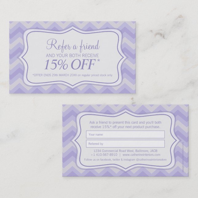 Carte De Visite Magasin de mode de beauté zigzag violet référer un (Devant / Derrière)