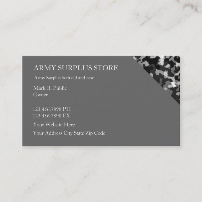 Carte De Visite Magasin de surplus de l'armée (Devant)