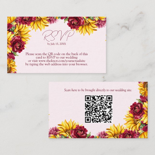 Carte De Visite Magenta et or jaune Mariage QR Code RSVP (Devant / Derrière)