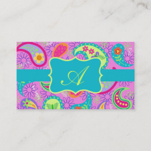 Carte De Visite Magenta rose Turquoise moderne Paisley Monogramme