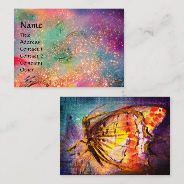 Carte De Visite MAGIQUE BOUTTERFLY Bleu Vert Jaune Or Étincelles (Devant / Derrière)
