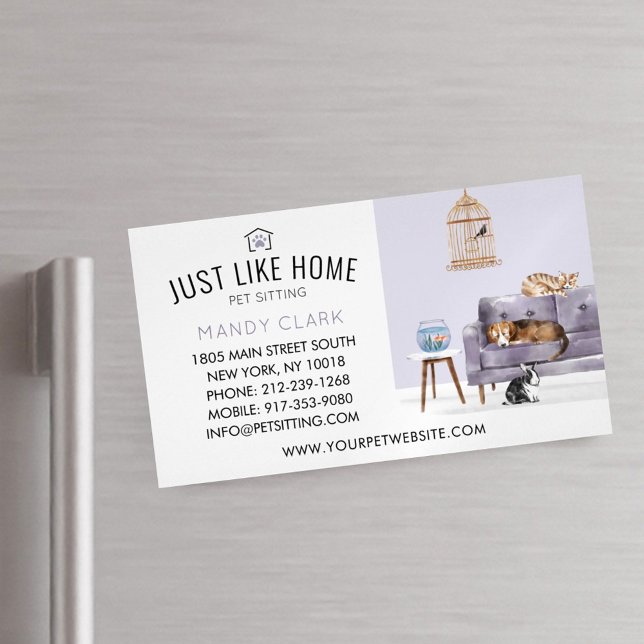 Carte De Visite Magnétique Accueil Animaux assis Aquarelle Cosy Maison Mauve  (Créateur téléchargé)