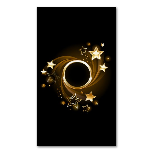 Carte De Visite Magnétique Bannière ronde avec étoiles or sur noir (devant Vertical)