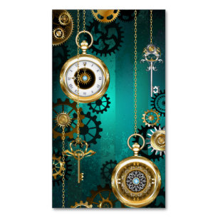 Carte De Visite Magnétique Bijou Steampunk Montre sur un Fond Vert