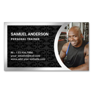Carte De Visite Magnétique Black Damask Silver Fitness Personal Trainer Photo