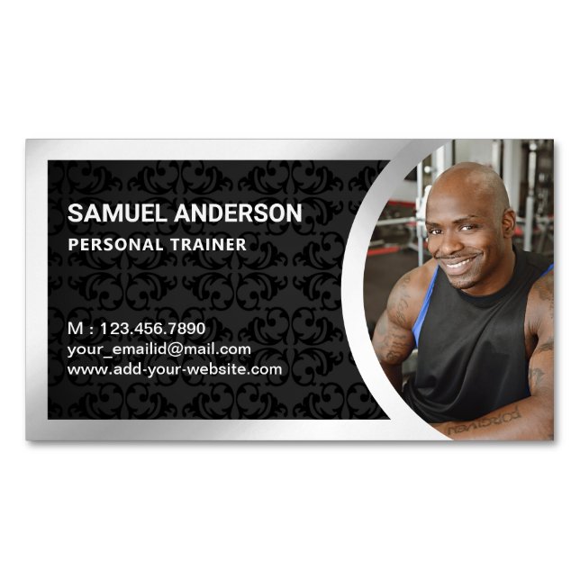 Carte De Visite Magnétique Black Damask Silver Fitness Personal Trainer Photo (devant)