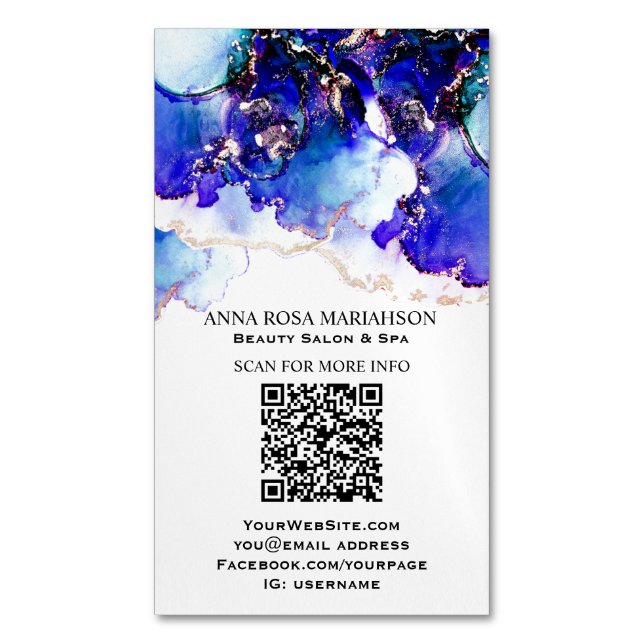 Carte De Visite Magnétique *~* BOLD Blue QR CODE Yummy Gold Gilded AP29 (devant Vertical)