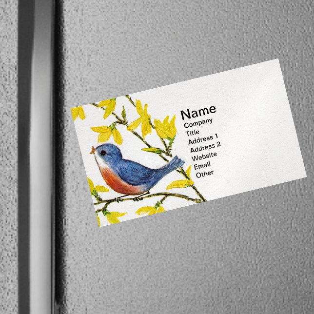 Carte De Visite Magnétique Branche de l'arbre d'oiseaux bleu chantant mignon (Little singing red and blue bird on branch yellow flowers on white magnetic business cards.)