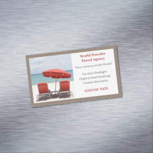 Carte De Visite Magnétique Brown Red Chaises Agence de voyage Plage
