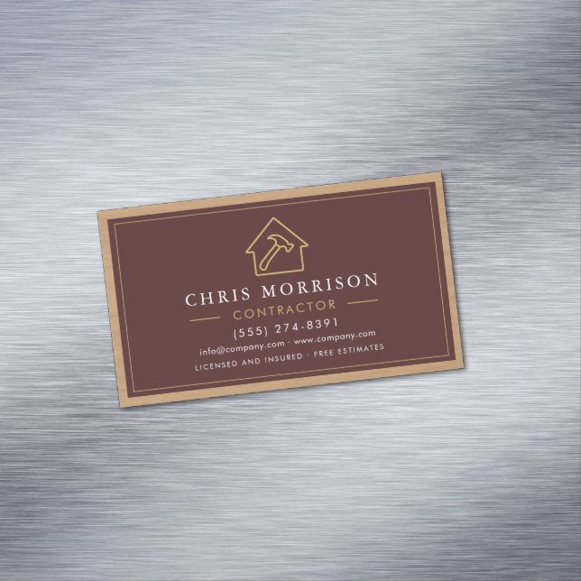 Carte De Visite Magnétique Building Construction Burgundy Gold Wood QR Code (In Situ)