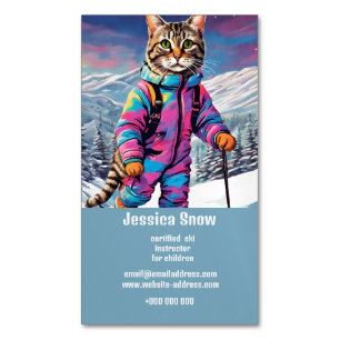 Carte De Visite Magnétique Chat d'hiver jazzy faisant du ski
