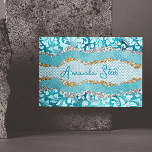 Carte De Visite Magnétique Chic floral glittery or Turquoise turquoise monogr